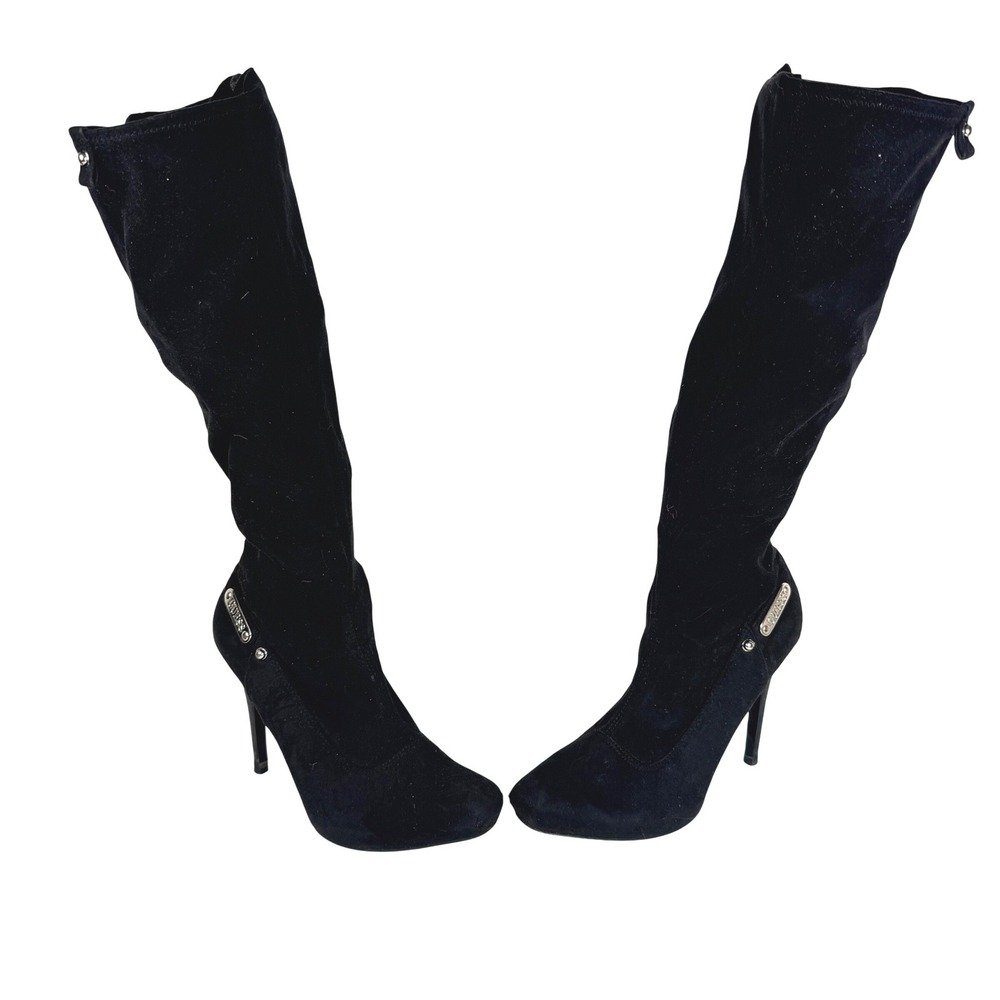 Y2K Guess Black Suede Knee High Stiletto Heel Boots Zip Up Size 7.5
